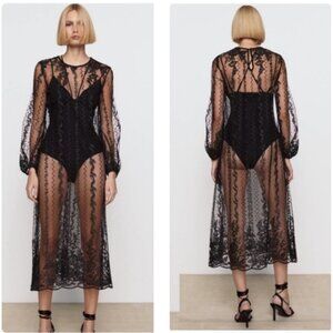 Zara Sheer Mesh Floral Embroidered Sequin Dress In Black Size S EUC
